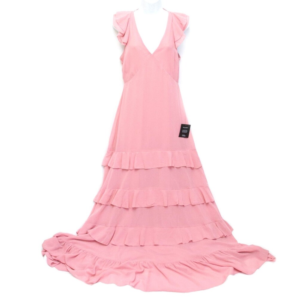 NWT Lulus Pastel Pink Chiffon Tiered Layered Romantic V Neck Maxi Dress Gown M
